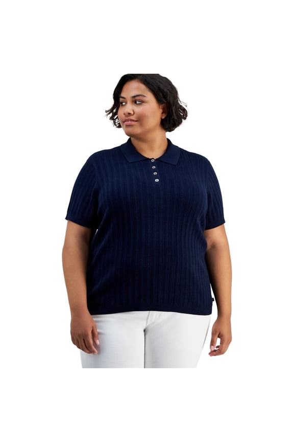 Womens Ribbed Polo Sweater, Blue, Plus Size, 2X