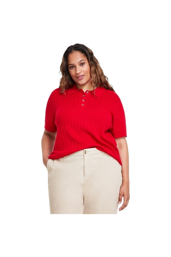 Womens Ribbed Polo Sweater, Red, Plus Size, 2X