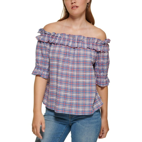 Tommy Hilfiger Womens Plaid Off The Shoulder Top Amstrdm Blue 2XL