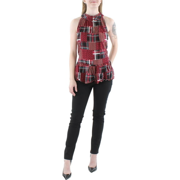 Women's High-Neck Plaid Peplum-Hem Top Highland Patchwork/Scarlet Multi M