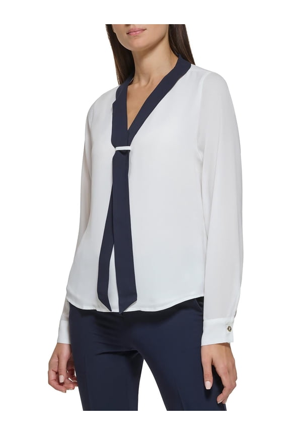 Womens Sailor-Style Tie-Neck Blouse