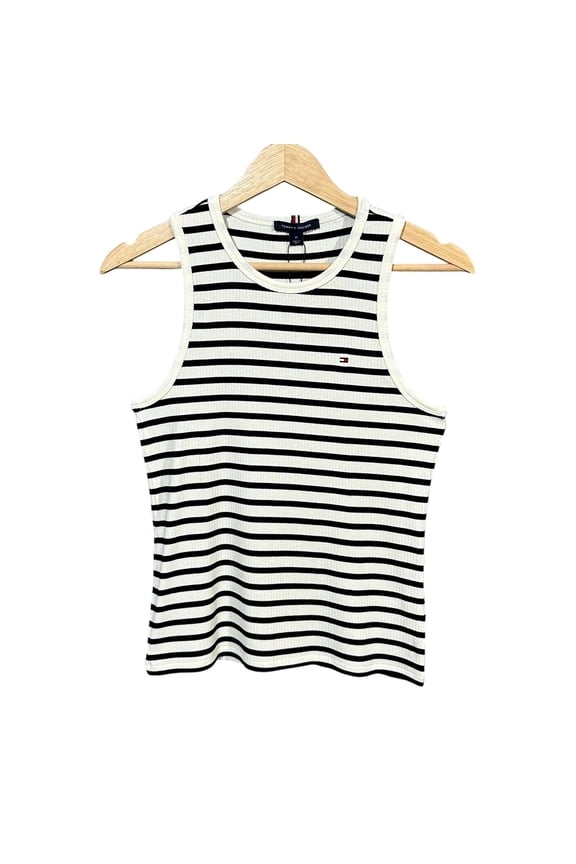 Womens Slim Fit Stripe Tank Top M Navy Blue-Optic White Stretch