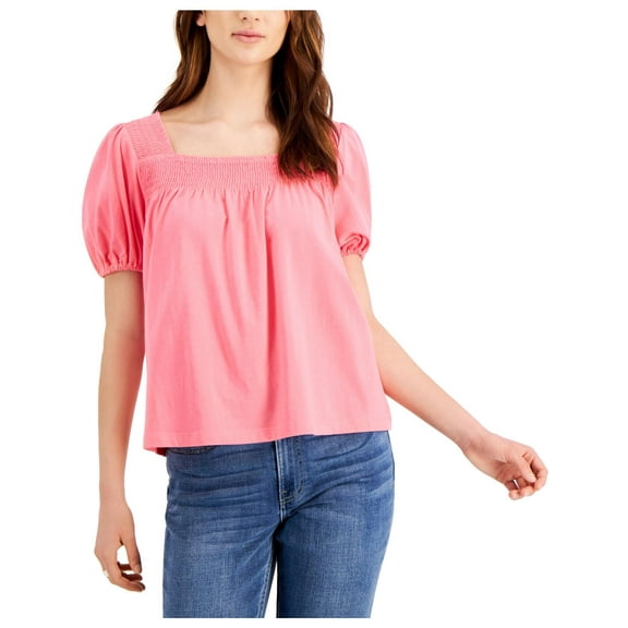 Tommy Hilfiger Womens Smocked Puff Sleeve Pullover Top