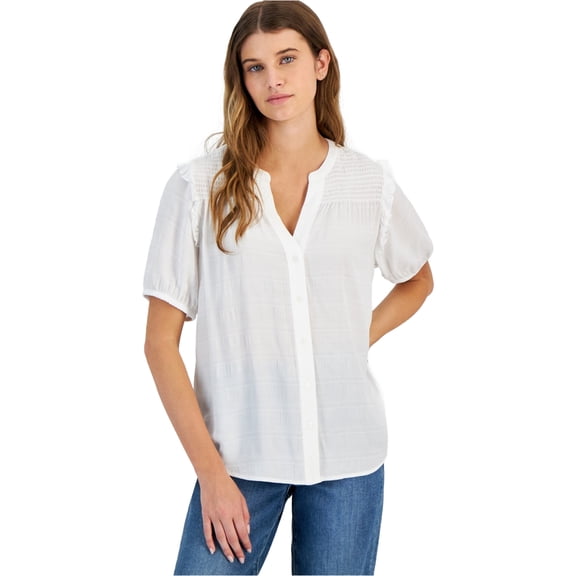 Tommy Hilfiger Womens Smocked Ruffle Knit Blouse, White, X-Large