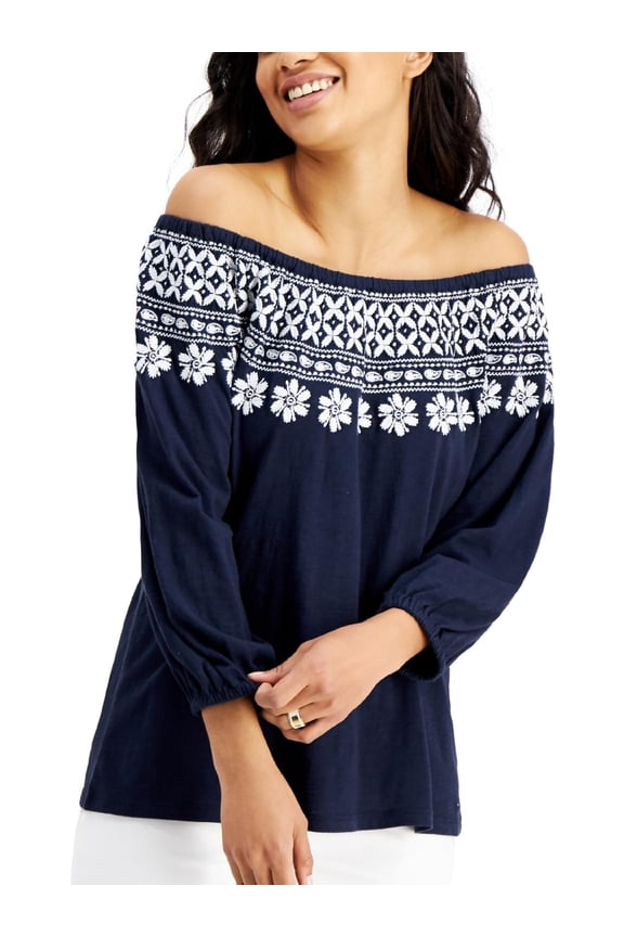 Womens Navy Stretch Embroidered Elastic Neckline And Cuffs Floral 3/4 Sleeve Off Shoulder Top XL