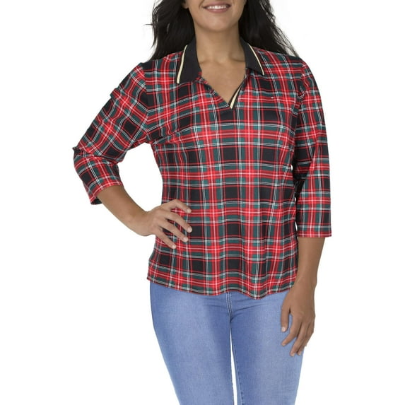 Tommy Hilfiger Womens Striped Collar Plaid Pullover Top