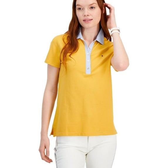 Tommy Hilfiger Womens Striped Collar Polo Shirt, Yellow, XX-Large