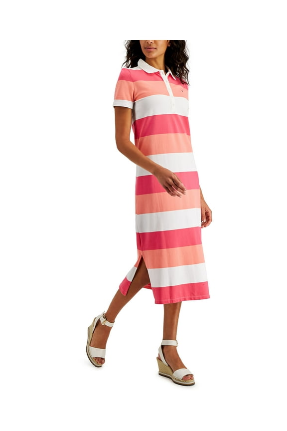 Womens Striped Polo Midi Dress Warm Combo S