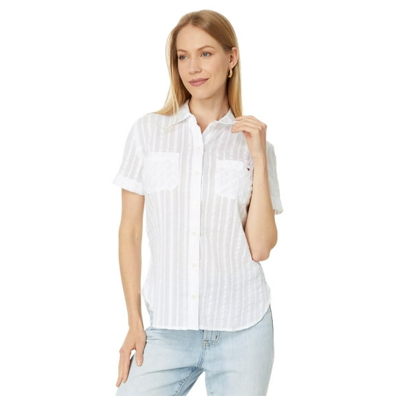 Tommy Hilfiger Womens Textured Stripe Button Shirt Bright White Size XL NWT