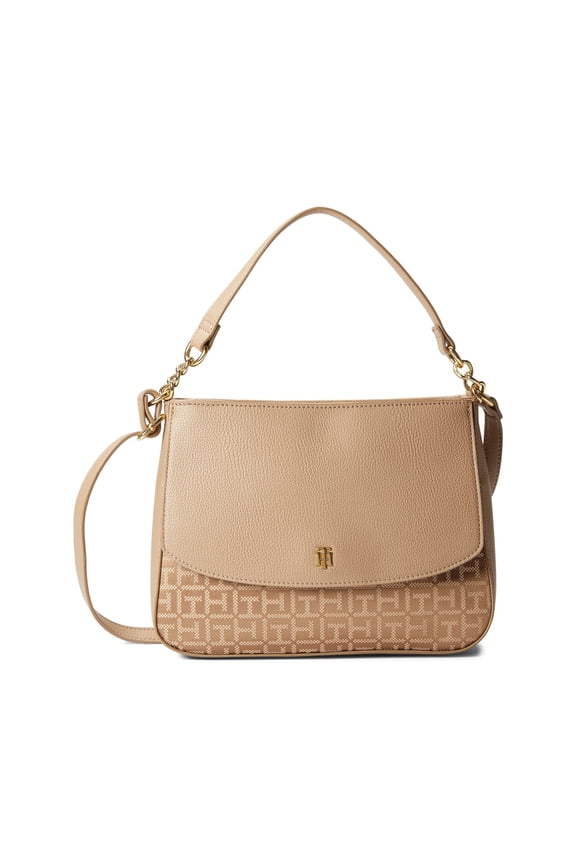Yvette II Top-Handle Flap Satchel Square Monogram Jacquard Sherwood Tan One Size