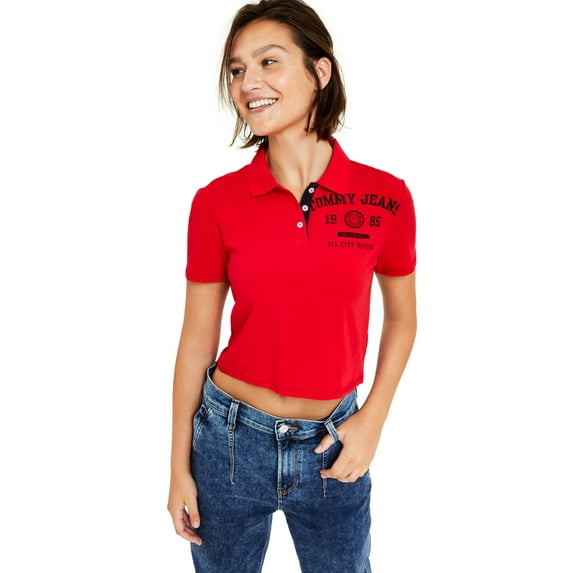 Tommy Jeans Womens Cropped Polo Top Scarlet M