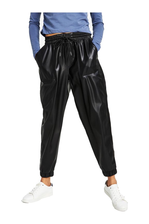 Womens Faux Leather High Rise Jogger Pants