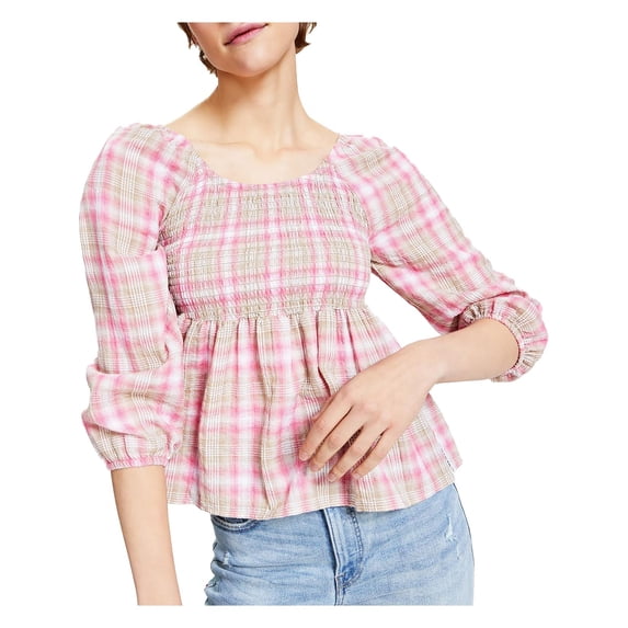 Tommy Jeans Womens Plaid Smocked Peplum Top