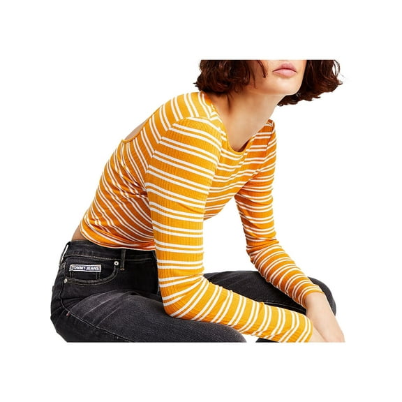Tommy Jeans Womens Back-Cutout Striped Ribbed Top Sunflower Combo L