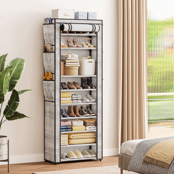 Tomnk 10-Tier Shoe Rack with Dustproof Cover, Free-Standing Shoe Storage Cabinet for Closet Entryway, Holds 30-36 Pairs of Shoes, Gray