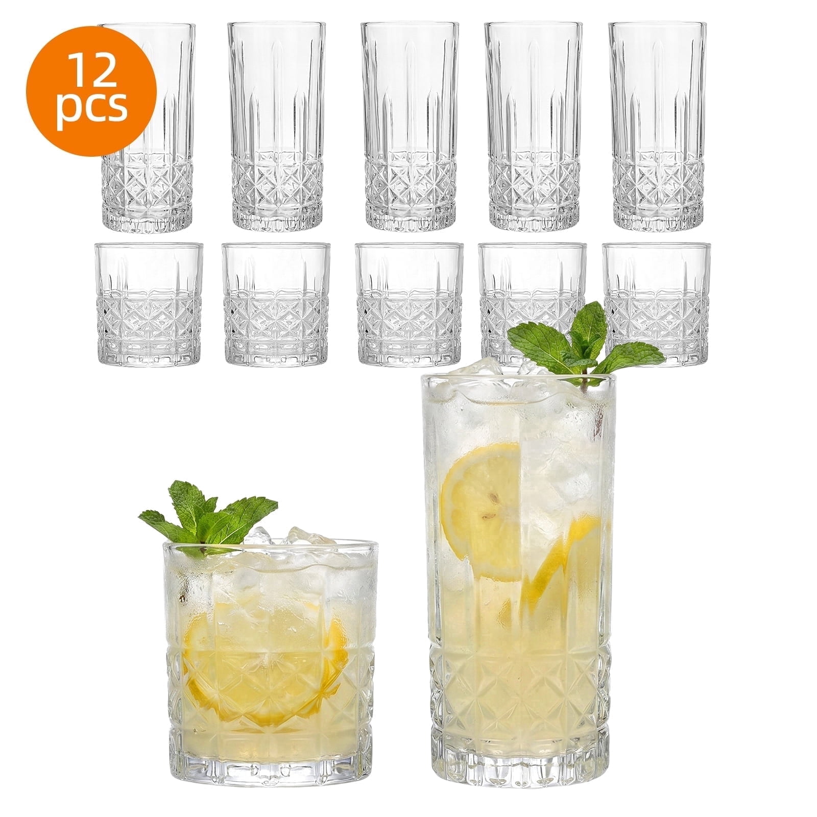 Transparent School Rocks Tomnk 12 Pack Diamond Embossed Clear Glass Set, 6 12oz Highball Cups ...