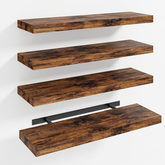 Tomnk 15.8" Floating Wall Shelves, Rustic Brown Wood Wall Shelf Set of 4, Invisible Brackets for Bathroom, Bedroom, Living Room, Kitchen