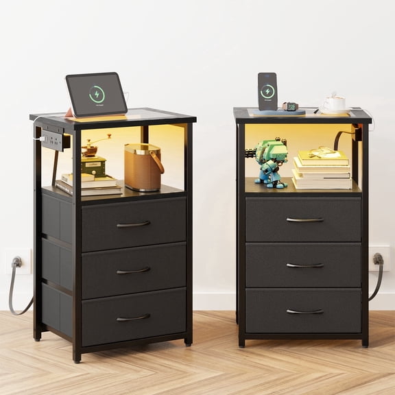 Tomnk 2 Pack Black Nightstands with LED Lights & Charging Station, 3 Drawers