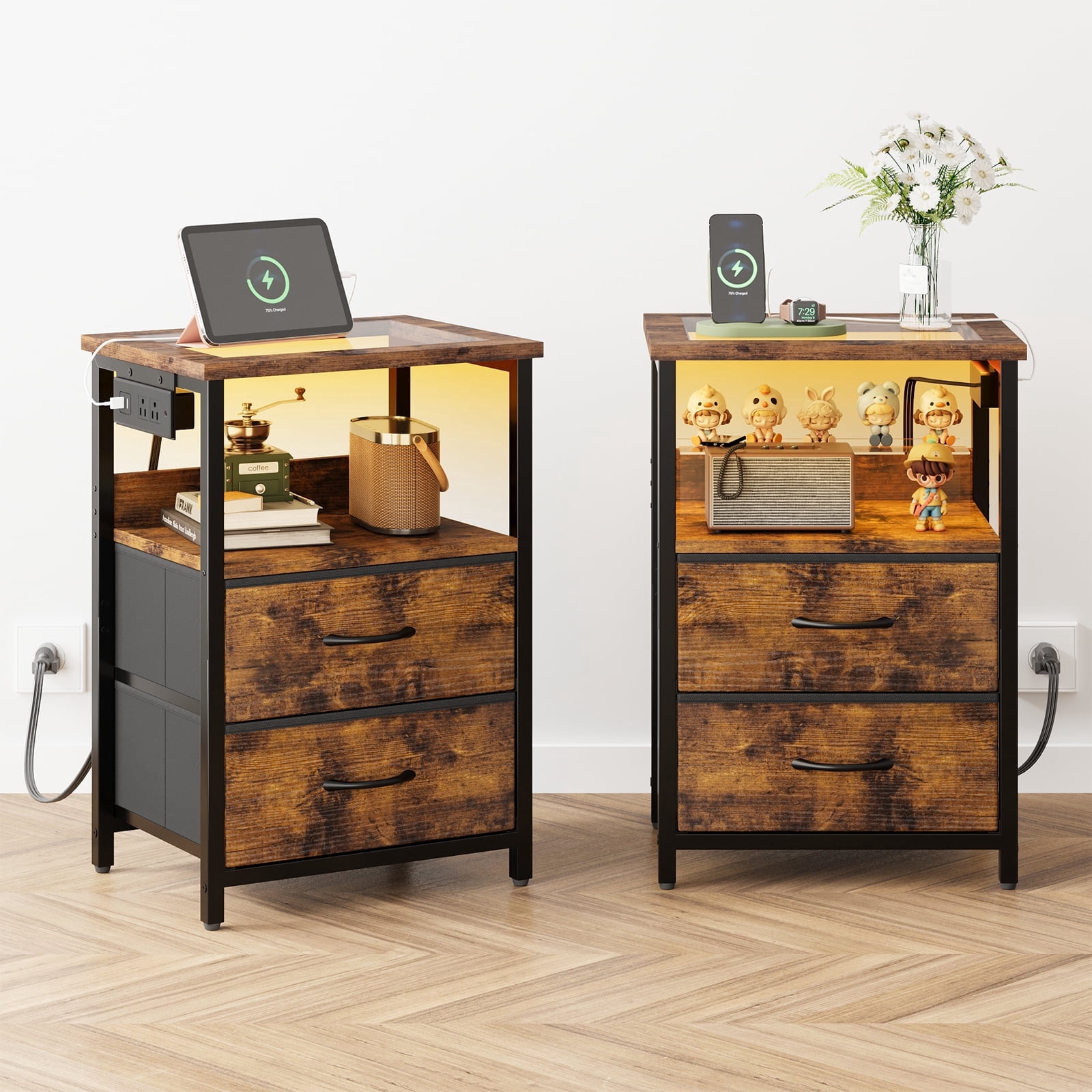 Tomnk 2 Pack Rustic Brown Nightstands with LED Lights, Charging Station, Drawers