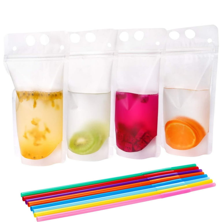 Tomnk 200PCS Drink Pouches for Adults with Straws Heavy Duty Hand held Translucent Reclosable Plastic Smoothie Drink Pouches with 200 Straws Walmart