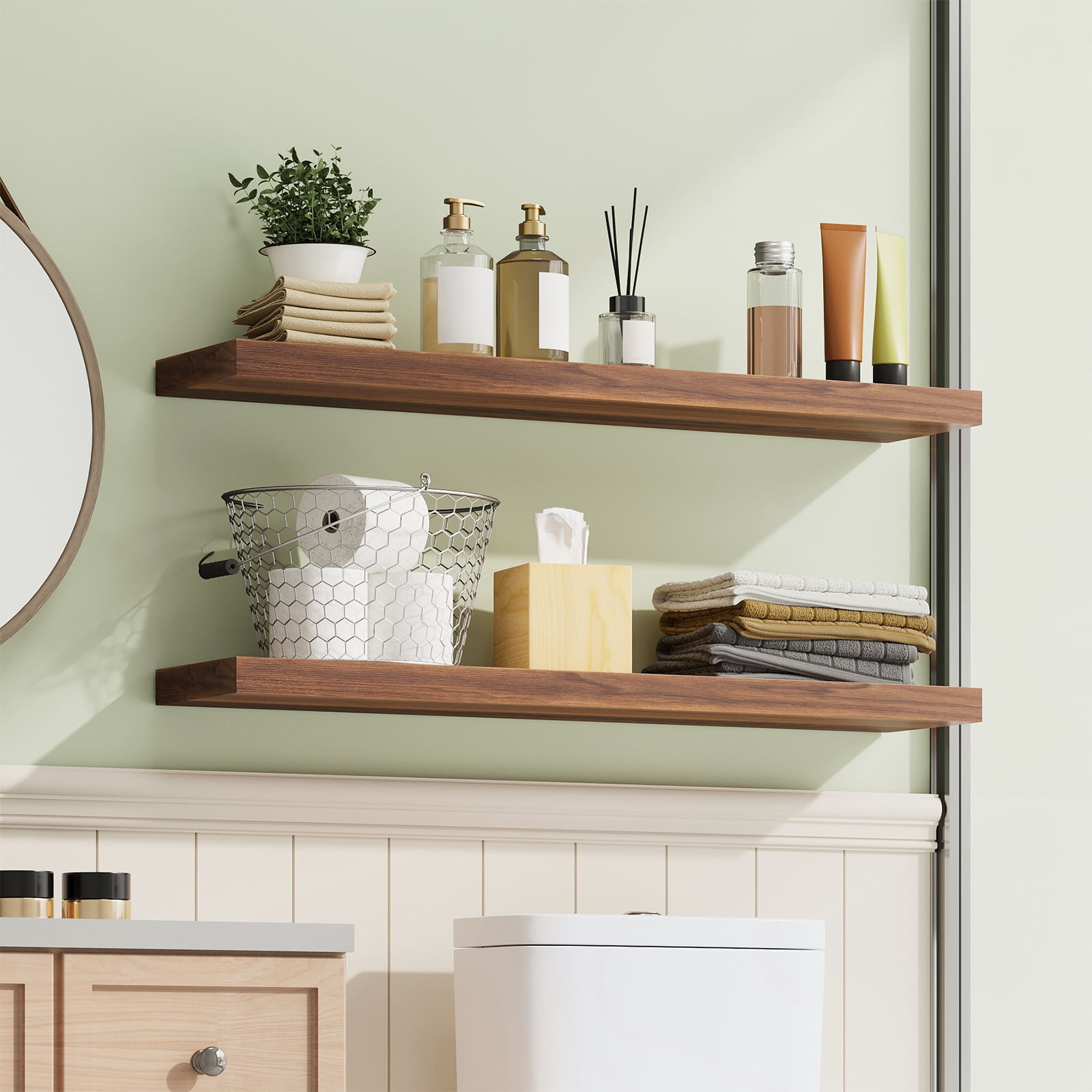 Tomnk 2pcs Floating Shelves for Wall, 22.5in Bathroom Kitchen Shelves for Rustic & Modern Home, Walnut