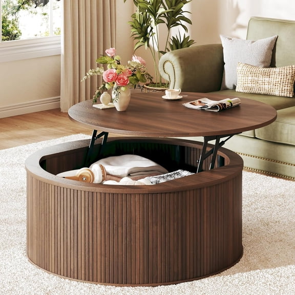 Tomnk 31.5" Lift Top Coffee Table, Round Coffee Table with Storage, Mid Century Modern Coffee Tables for Living Room, Apartment Office, Fluted Table with Rustic Wood Desktop, Walnut