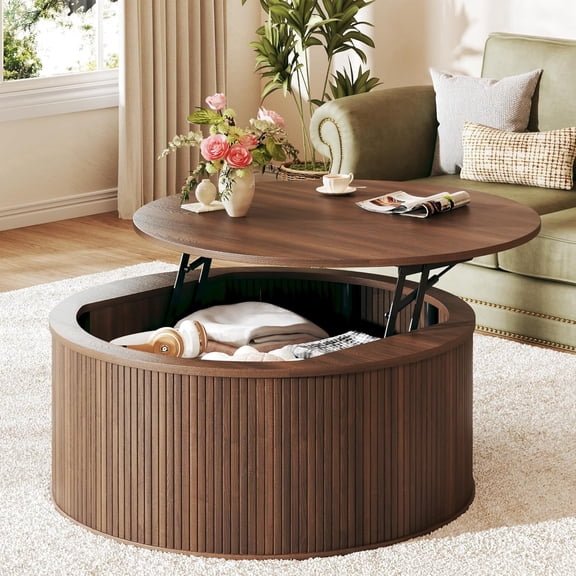 Tomnk 31.5" Lift Top Round Coffee Table with Storage, Mid Century Modern Coffee Tables for Living Room, , Fluted Table with Rustic Wood Desktop, Walnut