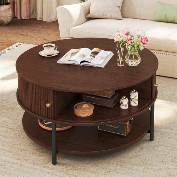 Tomnk 31.5" Round Coffee Table, Mid Century Modern Coffee Table with with Storage, 3-Tier Small Round Coffee Tables Sliding Cabinet Door, Round Metal Legs for Living Room, Walnut