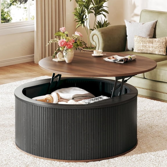 Tomnk 31.5" Round  Lift Top Coffee Table with Storage, Mid Century Modern Fluted Coffee Tables with Rustic Wood Desktop