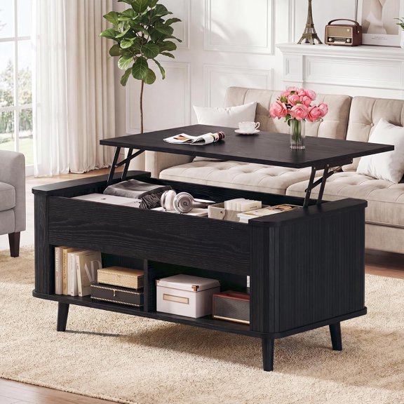Tomnk 41.3" Lift Top Coffee Table, Fluted Coffee Table with Storage, Modern Coffee Tables with Lifting Top, Hidden Storage Compartment & Open Shelf for Living Room, Home Office, Black