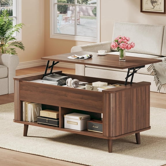 Tomnk 41" Lift Top Coffee Table with Storage, Mid Century Modern Coffee Table with Fluted & Curved Profile Design, Hidden Storage Compartment, Lower Shelf Center Table for Living Room Office, Walnut