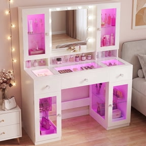 Tomnk 43" Makeup Vanity Desk with Mirror, RGB Lights, Glass Top, 4 Cabinets, Power Outlet, White