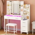 thumbnail image 1 of Tomnk 43" Vanity Desk with Stool, LED Mirror, Glass Top and RGB Drawers, White, 1 of 8