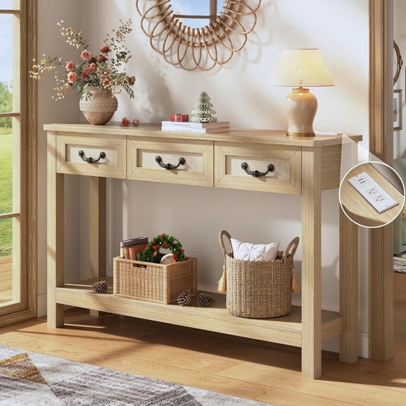 Tomnk 47.2" Console Table with 3 Rattan Drawers, Long Sofa Table with Storage Behind Couch, Modern Entryway Table with Power Outlet & Open Shelf for Entrance/Hallway/Foyer/Living Room, Natural