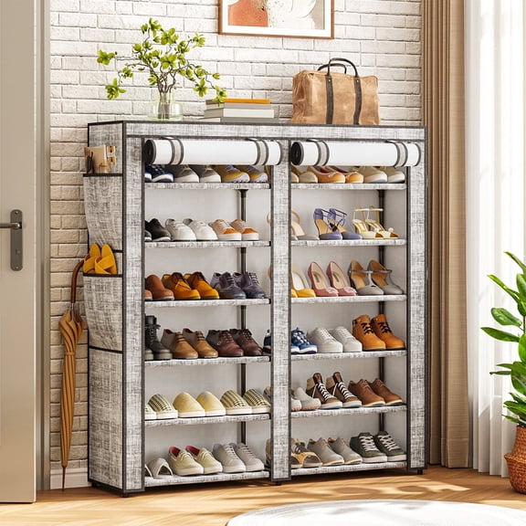 Tomnk 6-Tier Gray Double Rows Shoe Cabinet, Combination Style Sturdy Shoe Rack for Sneakers Heels Boots, Space-Saving Tidy Storage Organizer for Entryway Bedroom Hallway