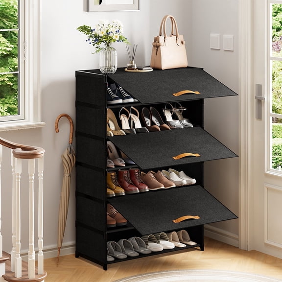 Tomnk 6-Tier Shoe Rack with Dustproof Cover, Portable Nonwoven Fabric Shoe Storage Shelf for Closet, Hallway, Bedroom, Entryway, Black