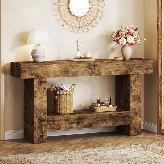 Tomnk 63 Inches Long Console Table, Sofa Table with Storage Behind Couch, Entryway Table with Open Storage, Farmhouse Console Tables for Entryway, Living Room, Hallway, Oak Color