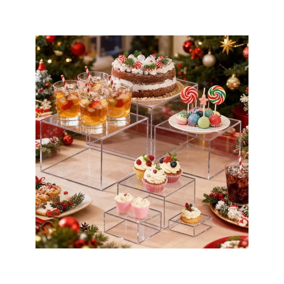 Tomnk 6Pcs Clear Acrylic Boxes For Display, Acrylic Risers Display Stands Cube Display Boxes With Hollow Bottoms, Buffet Risers Food Risers For Buffet Table Party Cupcake Candy Desser
