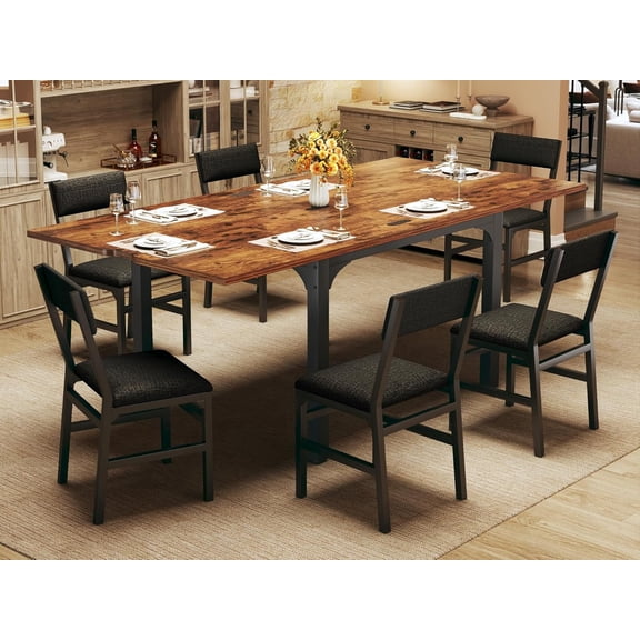 Tomnk 7-Piece Dining Table Set for 4-6, Extendable Kitchen Table Cushion Chairs Set of 6 with 6 Chairs, Rectangle Dining Table with Metal Frame & MDF Board, Folding for Small Apartment, Rustic