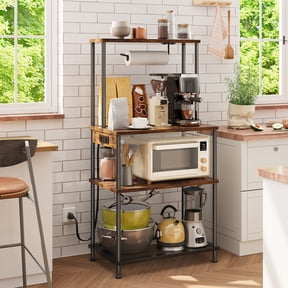 Tomnk Baker's Rack with Power Outlet, Rustic Brown Microwave Stand, 4-Tier Kitchen Storage Shelf with Mug Holder and Metal Mesh Basket, 23.6"L x 13"W x 49.2"H