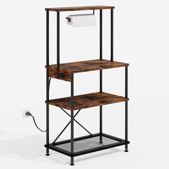 Tomnk Baker's Rack with Power Outlet, Rustic Brown Microwave Stand, 4-Tier Kitchen Storage Shelf with Mug Holder and Metal Mesh Basket, 23.6"L x 13"W x 49.2"H