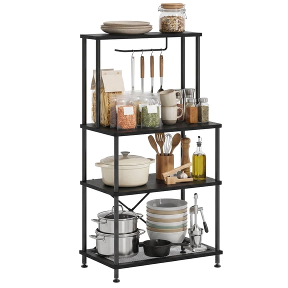 Tomnk Black Baker's Rack, 4-Tier Microwave Stand with Hanging Rod and Metal Mesh Basket, Kitchen Storage Shelf Organizer, 23.6"L x 13"W x 49.2"H