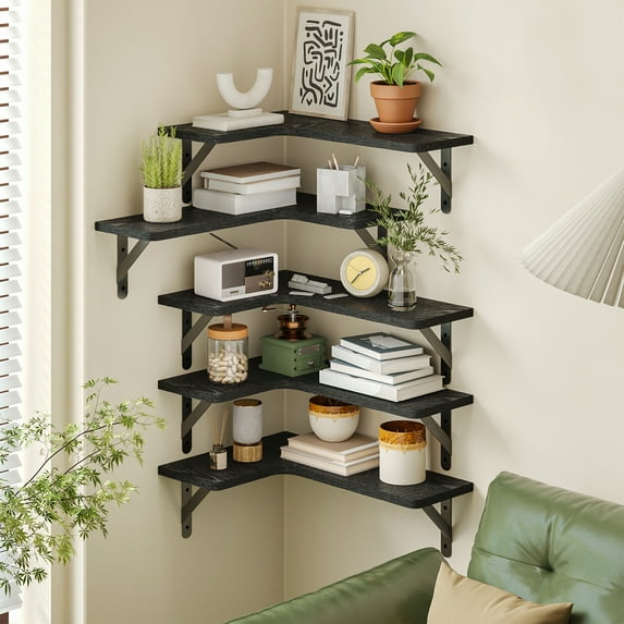Tomnk Corner Floating Shelves, Set of 5 Rustic Wood Wall Shelves, Black