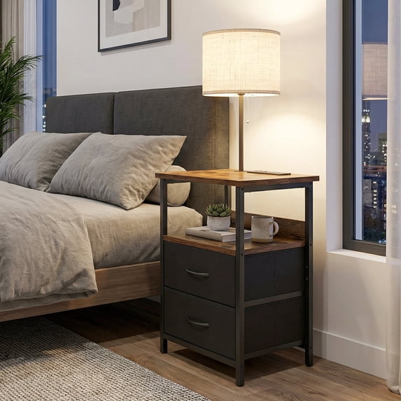 Tomnk Floor Lamp Table with 2 Drawers, LED Side Table with Charging Station, Rustic Brown