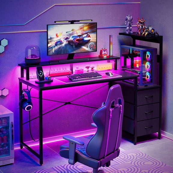 Tomnk Gaming Desk with Power Outlet & LED Lights, Computer Desk with Storage Shelf, 3 Drawers, X-Shaped Metal Frame, Carbon Fiber Black, 47x19x45 Inch