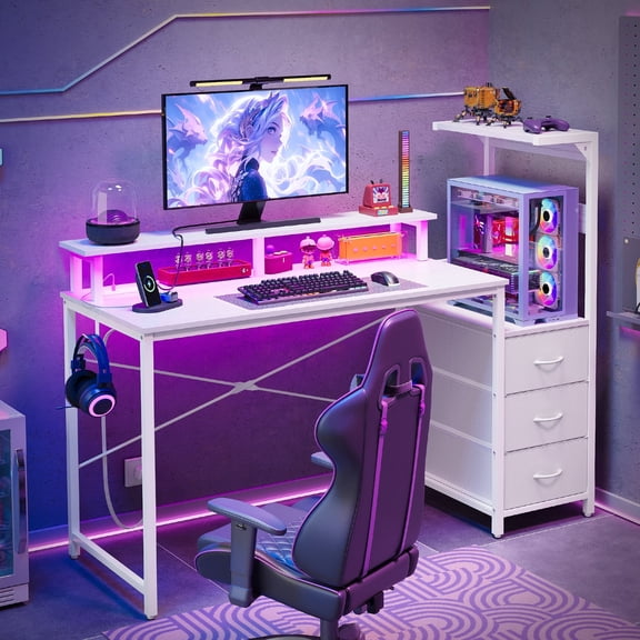 Tomnk Gaming Desk with Power Outlet & LED Lights, Computer Desk with Storage Shelf, 3 Drawers, X-Shaped Metal Frame, White Wood Grain, 47x19x45 Inch