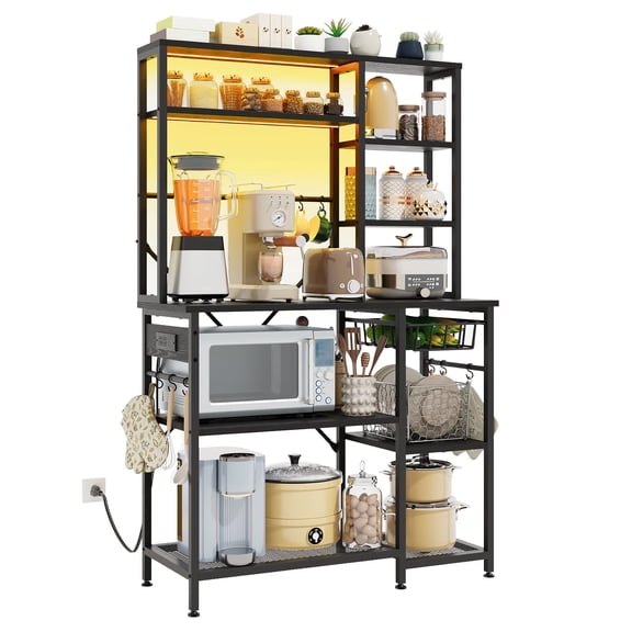 Tomnk Kitchen Bakers Rack with Power Outlet, 5-Tier Microwave Stand with Storage Shelves, Hooks & Wire Baskets, Adjustable Shelves for Kitchen, Coffee Bar, Dining Room, Black
