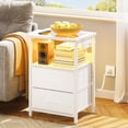 thumbnail image 1 of Tomnk LED Nightstand with Charging Station, Modern Bedside Table with Glass Top, USB Ports & Power Outlets, 2 Fabric Drawers Storage End Table for Bedroom, White, 1 of 12