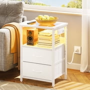 Tomnk LED Nightstand with Charging Station, Modern Bedside Table with Glass Top, USB Ports & Power Outlets, 2 Fabric Drawers Storage End Table for Bedroom, Whit