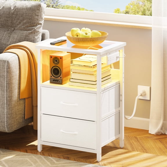 Tomnk LED Nightstand with Charging Station, Modern Bedside Table with Glass Top, USB Ports & Power Outlets, 2 Fabric Drawers Storage End Table for Bedroom, White